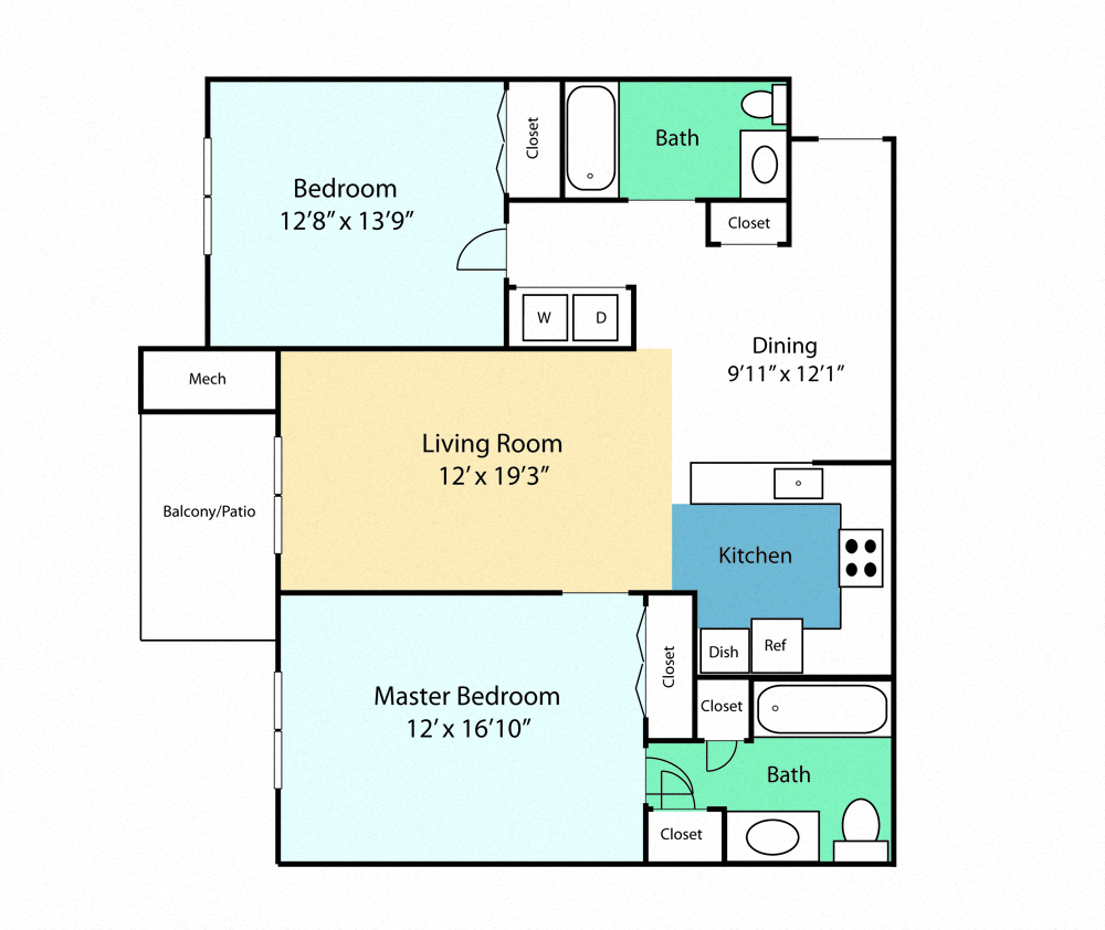 Floor plan for 2 beds, 2 baths, 1148 sqft